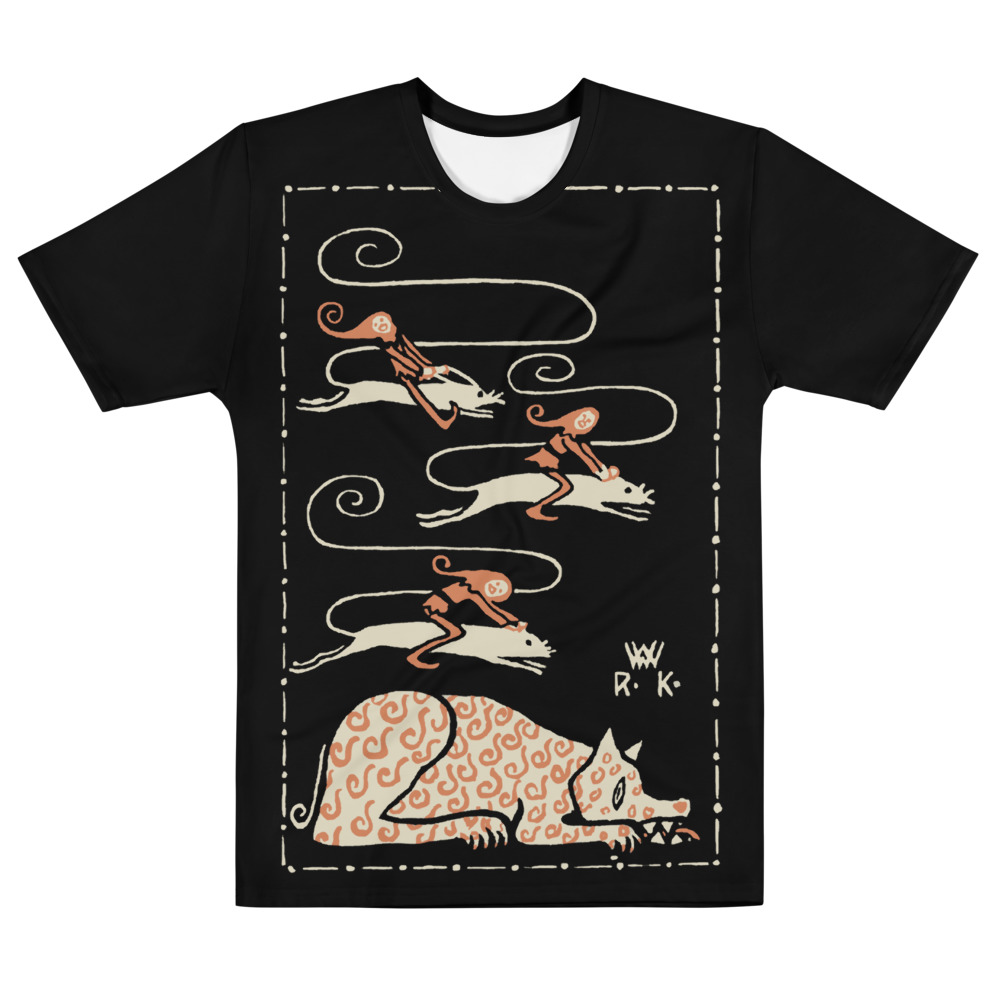 "Pixies Flying on Mice and Disgruntled Cat" Funny T-Shirts Art T-Shirts Men's Sizing T-Shirt