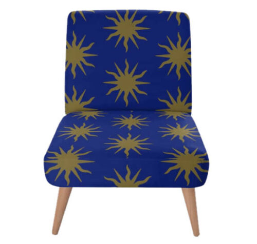 Mid-Century-Modern-Chair-Royal-Blue-and-Gold-Gothic-Pattern-Royal-Blue-Accent-Chair-with-a-Powdering-of-Deep-Gold-Stars