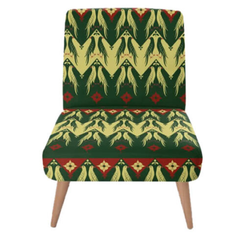 Mid-Century-Modern-Chair-in-Gothic-Ecclesiastic-Choir-of-Cologne-Pattern-yellow-green-red-accent-chair