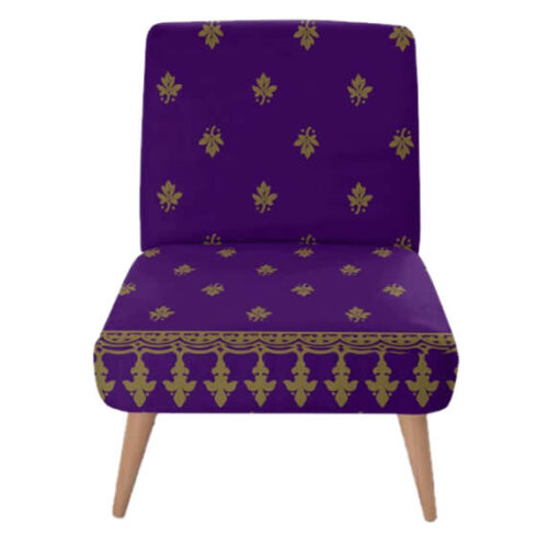 Purple-Mid-Century-Modern-Chair-Gothic-Ecclesiastic-Accent-Chair-in-Gold-Leaf-Fleur-de-Lis-Print