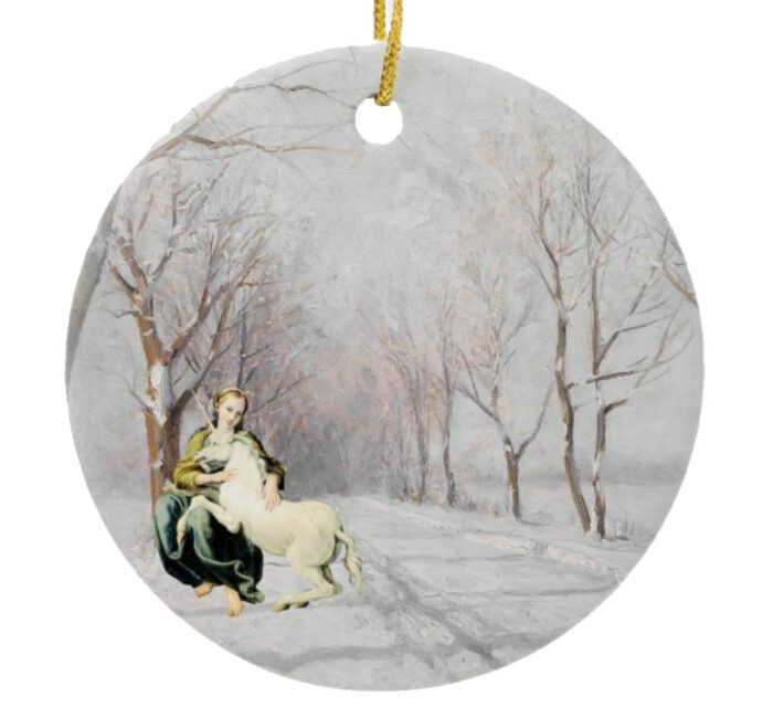 The-Barefooted-Maiden-Her-Mythical-Unicorn-Ceramic-Christmas-Ornament-front