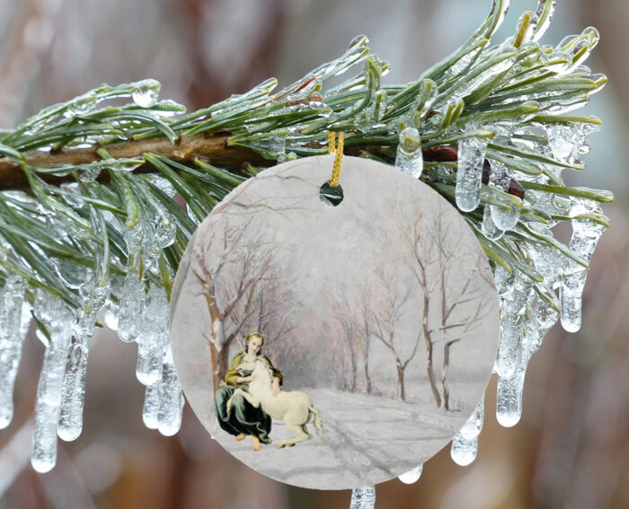 The-Barefooted-Maiden-Her-Mythical-Unicorn-Ceramic-Christmas-Ornament-in-situ