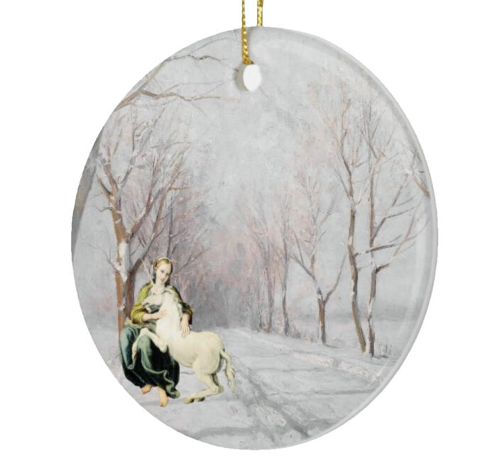 The-Barefooted-Maiden-Her-Mythical-Unicorn-Ceramic-Christmas-Ornament-left