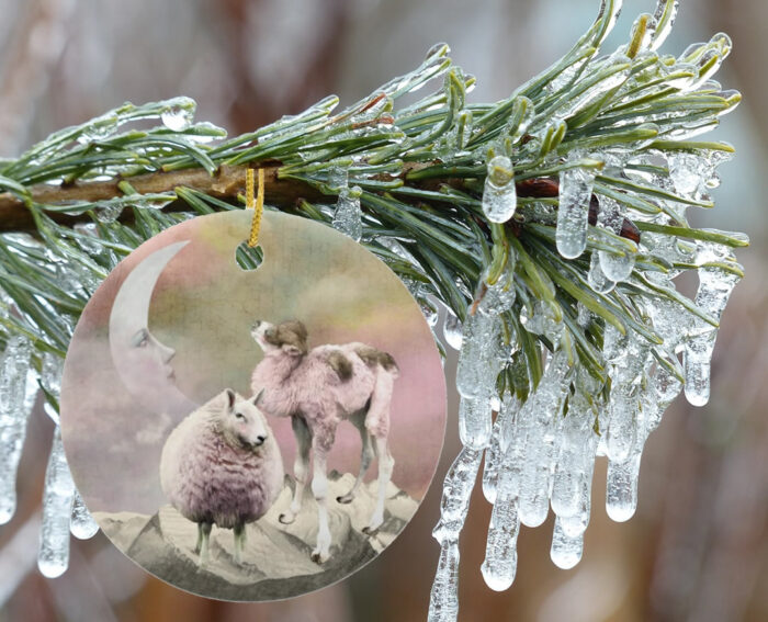 The-Sheep-and-Camel-Explore-the-Precipice-Ceramic-Christmas-Ornament-in-situ